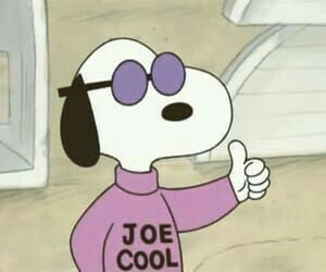 snoopy in sunglasses and a purple shirt that says 'joe cool' giving a thumbs up